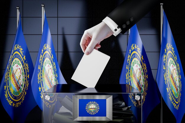 Banderas de New Hampshire mano dejando caer la tarjeta de votación en una caja concepto de elección de votación ilustración 3D