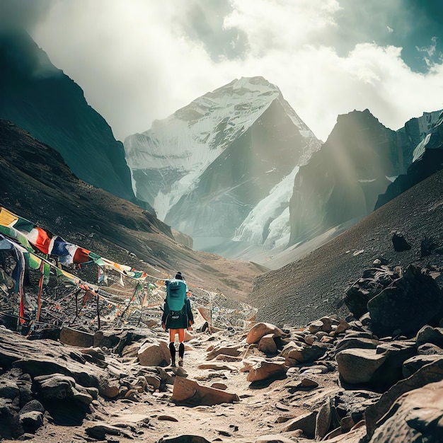 Banderas de oración tibetanas y el mes Everest