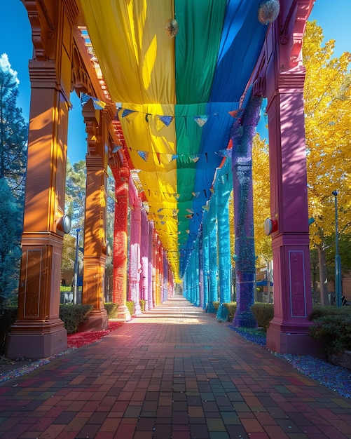 Foto banderas y pancartas de colores arco iris que decoran el papel tapiz