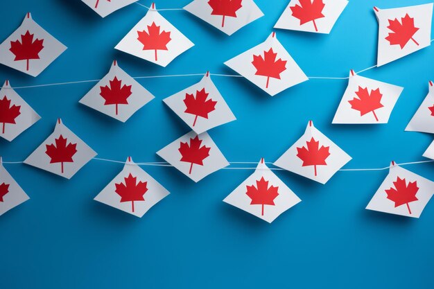 Banderas de papel canadienses desplegadas con orgullo en un lienzo azul vibrante