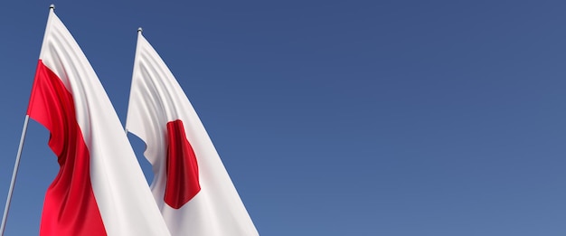 Banderas de Polonia y Japón en el asta de la bandera en el lateral Banderas sobre un fondo azul Lugar para el texto Polaco Varsovia Japonés Tokio Ilustración 3D