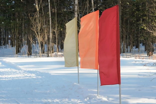 Foto banderas en una posición inicial de la pista de esquí en un concepto de deportes de invierno en el bosque nevado