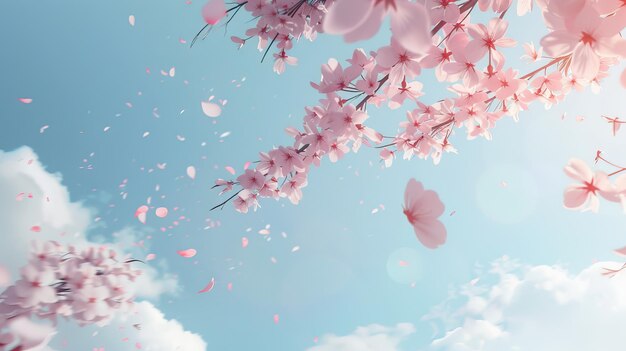 Foto banderas de primavera ramas de cerezas en flor contra el fondo de cielo azul y mariposas en la naturaleza al aire libre flores de sakura rosadas imagen romántica de primavera ilustración generada por ia