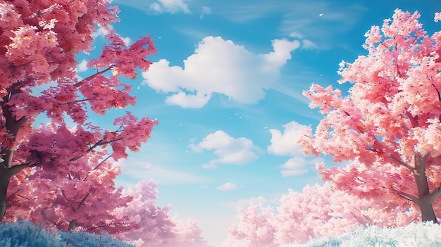 Foto banderas de primavera ramas de cerezas en flor contra el fondo de cielo azul y mariposas en la naturaleza al aire libre flores de sakura rosadas imagen romántica de primavera ilustración generada por ia