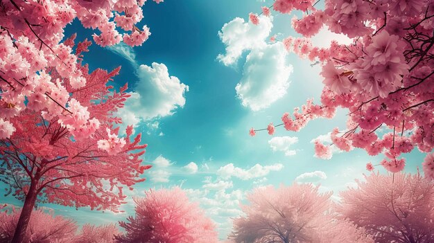 Foto banderas de primavera ramas de cerezas en flor contra el fondo de cielo azul y mariposas en la naturaleza al aire libre flores de sakura rosadas imagen romántica de primavera ilustración generada por ia