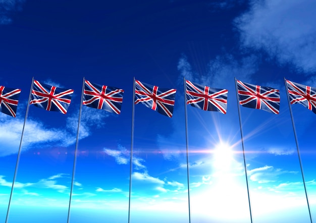 Foto banderas de reino unido bajo el cielo azul, renderizado 3d