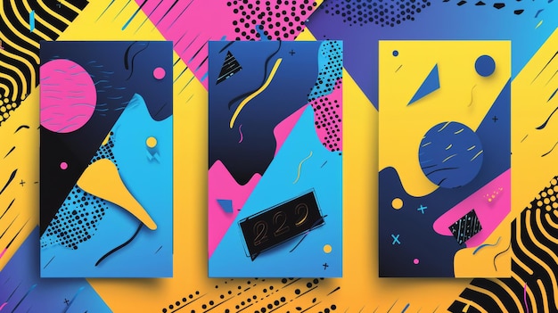 Foto banderas con signos negros abstractos en un fondo de gradiente amarillo y azul ilustración de carteles de estilo retrowave elementos de diseño retro futurista plantillas de folletos