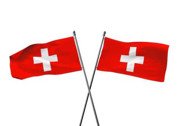 Banderas de Suiza cruzadas aisladas sobre un fondo blanco d renderizado