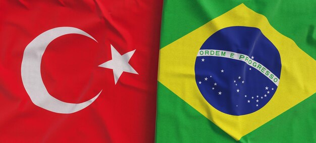 Banderas de Turquía y Brasil Primer plano de la bandera de lino Bandera hecha de lienzo Turquía Estambul América del Sur Estado símbolos nacionales ilustración 3d