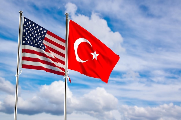 Banderas de Turquía y Estados Unidos sobre ilustración 3D de fondo de cielo azul