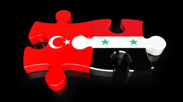 Banderas de Turquía y Siria en piezas de un rompecabezas. Concepto de relación política. Representación 3D