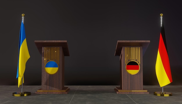 Foto banderas de ucrania y alemania bandera de ucrania y alemania negociaciones de ucrania y alemania tribuna para el trabajo de discurso 3d e imagen 3d