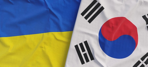 Banderas de Ucrania y Corea del Sur Bandera de lino de cerca Bandera hecha de lienzo Ucraniano Kyiv Corea Seúl Símbolos nacionales Ilustración 3d