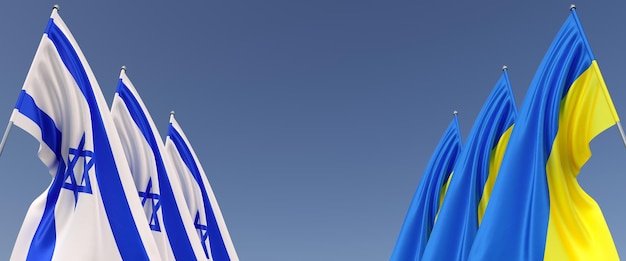 Banderas de Ucrania e Israel en astas Banderas sobre fondo azul Lugar para texto Ucrania independiente Tres banderas de Israel Europa Ilustración 3D