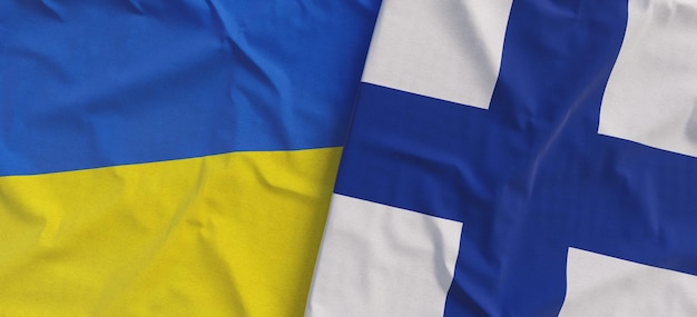 Banderas de Ucrania y Finlandia Banderas de lino de cerca Bandera hecha de lienzo Ucraniano finlandés Helsinki Símbolos nacionales Ilustración 3d