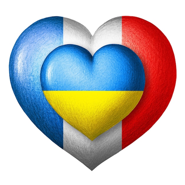 Banderas de Ucrania y Francia Dos corazones en los colores de las banderas aislados en un blanco