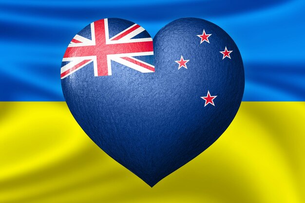 Banderas de Ucrania y Nueva Zelanda Color del corazón de la bandera en el fondo de la bandera de Ucrania