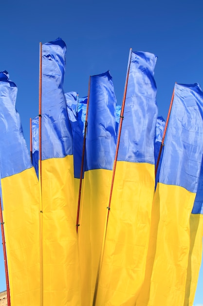 Banderas de Ucrania ondeando en el viento contra el cielo azul profundo.