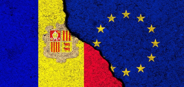 Banderas de la Unión Europea y Andorra Relaciones de asociación y diplomacia Concepto de conflicto y libertad Foto de banner de la alianza de la UE
