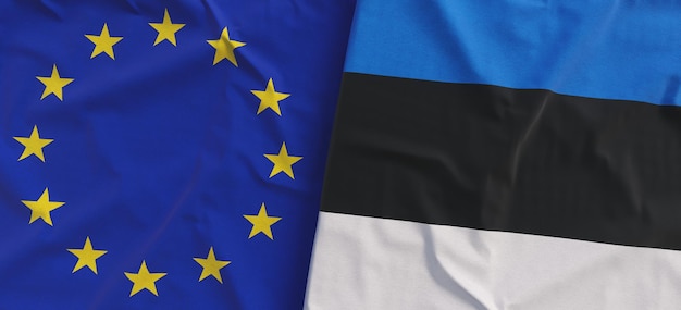 Banderas de la Unión Europea y Estonia Banderas de lino primer plano Bandera hecha de lienzo UE Estonia Tallinn Símbolos nacionales Ilustración 3d