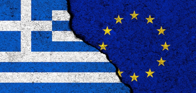 Banderas de la Unión Europea y Grecia Relaciones de asociación y diplomacia Concepto de conflicto y libertad Foto de banner de la alianza de la UE