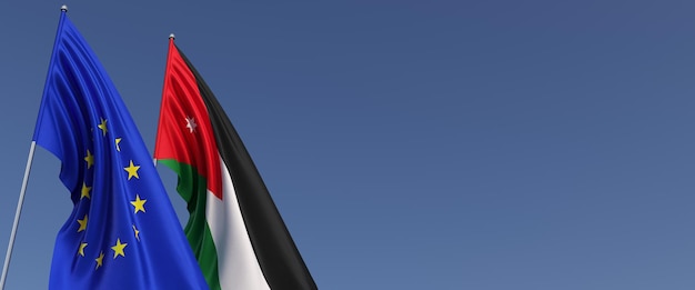 Banderas de la Unión Europea y Jordania en astas de bandera en el lateral Banderas en un fondo azul Lugar para el texto UE Amman Ilustración 3d