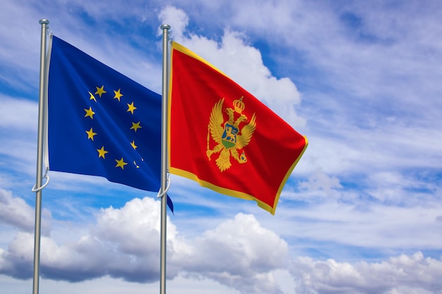 Foto banderas de la unión europea y montenegro sobre fondo de cielo azul ilustración 3d
