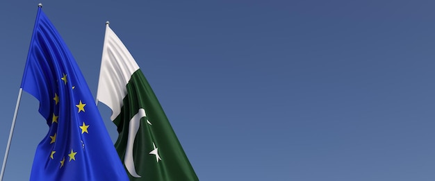 Banderas de la Unión Europea y Pakistán en astas de bandera en el lateral Banderas en un fondo azul Lugar para el texto Ilustración 3d pakistaní de la UE