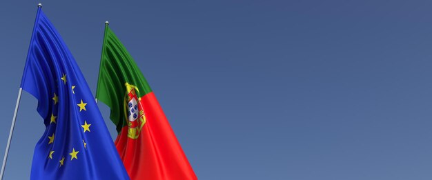 Banderas de la Unión Europea y Portugal en astas de bandera en un lado sobre un fondo azul Lugar para el texto Bandera UE Lisboa 3d ilustración