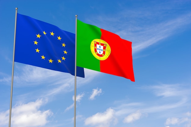 Foto banderas de la unión europea y portugal sobre fondo de cielo azul. ilustración 3d