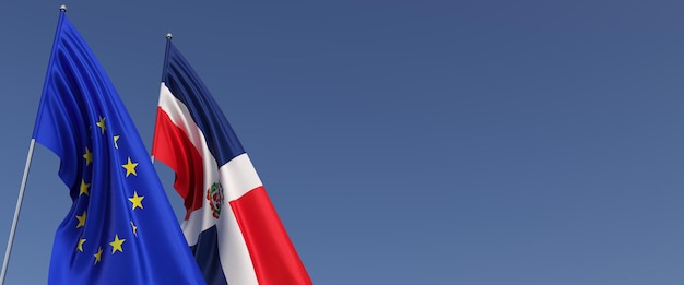 Banderas de la Unión Europea y la República Dominicana en astas de banderas laterales Banderas en un fondo azul Lugar para el texto UE Santo Domingo 3d ilustración