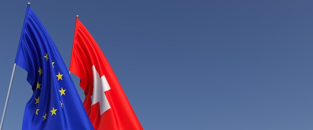 Banderas de la Unión Europea y Suiza en flagpol sobre fondo azul Lugar para texto ilustración 3d