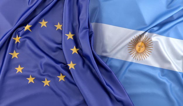 Banderas con volantes de la Unión Europea y Argentina Representación 3D