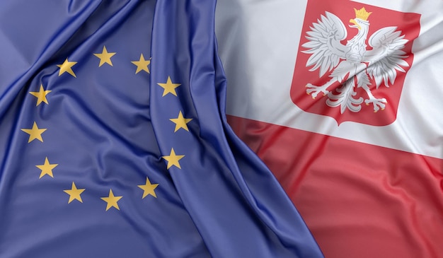 Foto banderas con volantes de la unión europea y polonia con escudo de armas 3d rendering