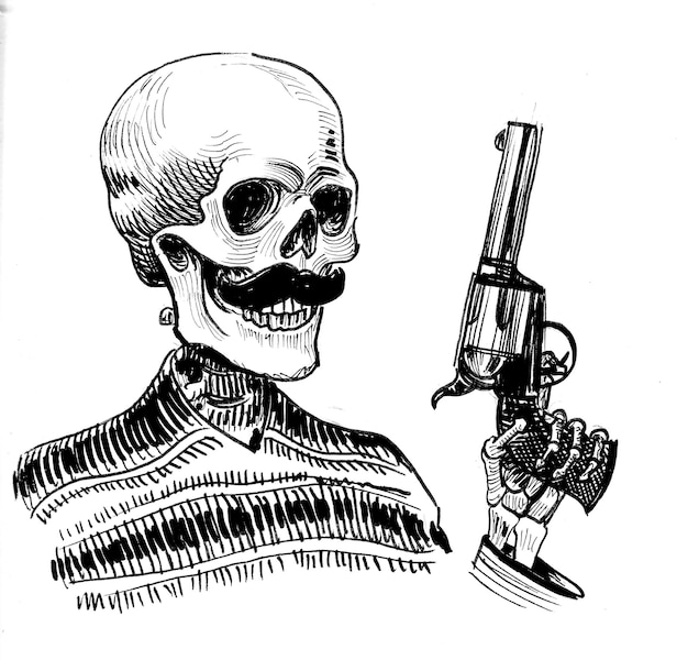Foto bandido mexicano muerto con un revólver dibujo en blanco y negro de tinta