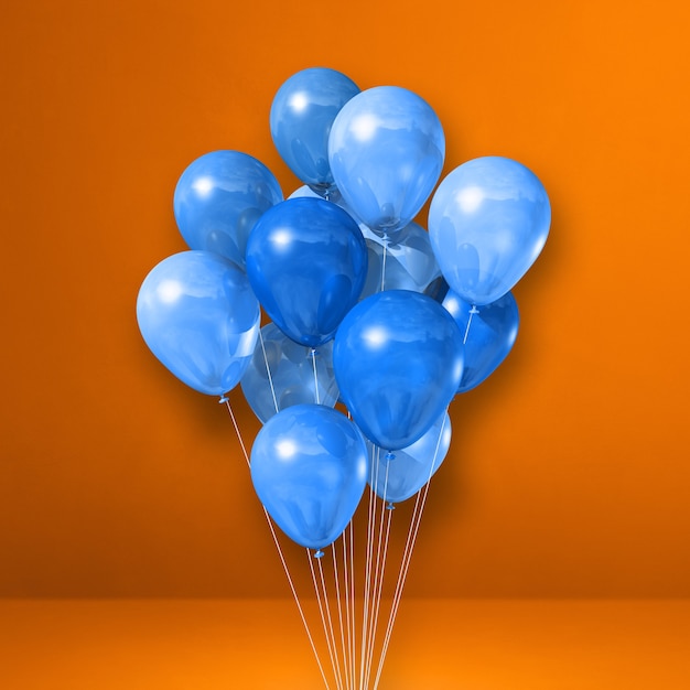 Bando de balões azuis na parede laranja. Renderização 3D