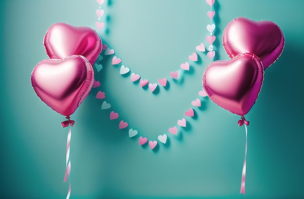 Bando de balões de ar de folha em forma de coração Coleção Decoração de dia dos namorados Fundo de festa romântica Generative AI