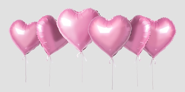 Bando de balões de folha em forma de coração cor-de-rosa isolados em um fundo brilhante