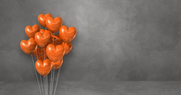 Bando de balões de forma de coração laranja em um fundo de parede cinza. Banner horizontal. Ilustração 3D render