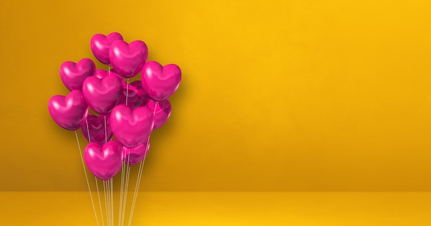 Bando de balões de forma de coração rosa em um fundo de parede amarela. Banner horizontal. Ilustração 3D render