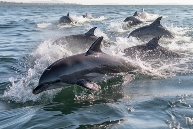 Bando de bebês golfinhos pulando e brincando em águas cristalinas criadas com IA generativa