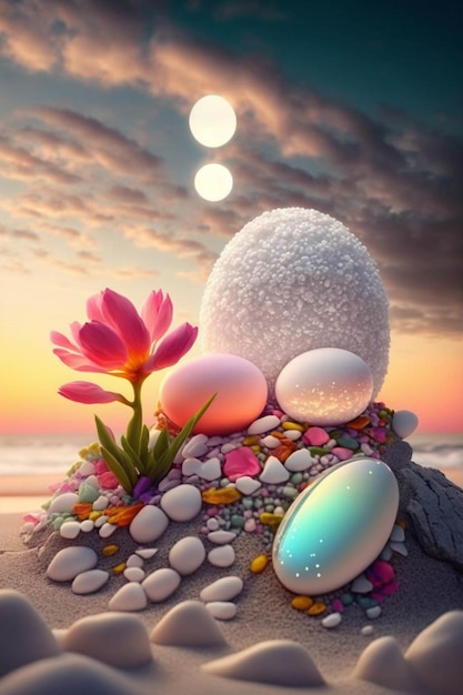 Bando de ovos sentado em cima de uma pilha de rochas generativas ai