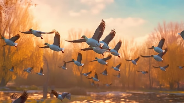 Bando de pássaros voando no ar sobre a floresta HD 8K papel de parede fundo Banco de Imagem