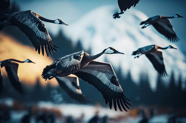 Bando de pássaros voando pelo ar perto da montanha coberta de neve Generative AI