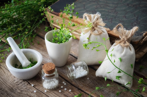 Bando de pastores bolsa garrafa de glóbulos homeopáticos argamassa de ervas bursa pastoris Homeopatia