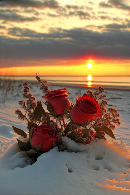 Bando de rosas vermelhas sentado na neve generativa ai