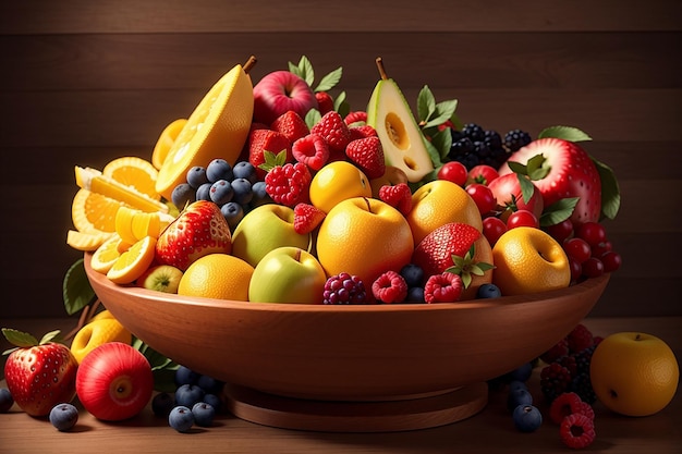 Bando de várias frutas em uma grande tigela de madeira foto de alta qualidade