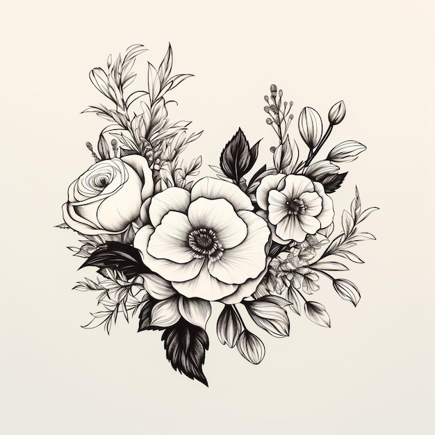 Bando desenhado à mão com flores rosas e pequena gipsófila isolada em fundo branco Desenho a lápis composição floral elegante monocromática em estilo vintage design de tatuagem de camiseta