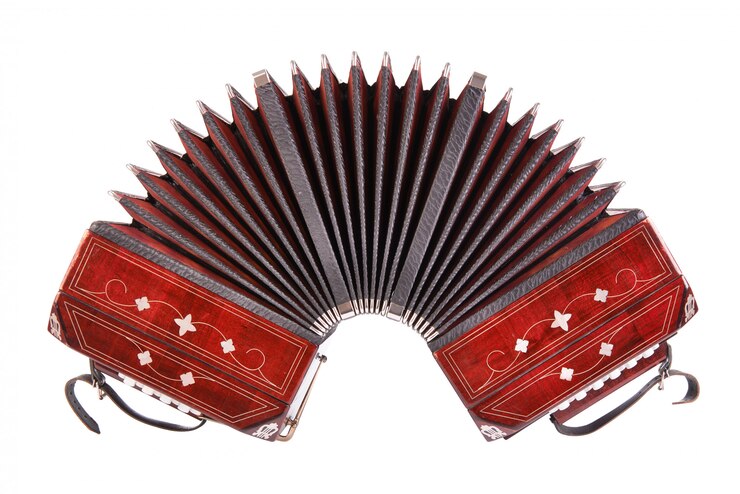 Foto bandoneon, instrumento de tango, vista frontal, isolado no branco