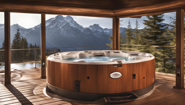 Foto una bañera de agua caliente redonda con vistas a las montañas